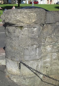 One of the stone pillars at the Watering Gates adjacent the River Liffey in Newbridge