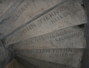 Names carved into steps on Aylmer’s Tower / Hill of Allen (Photo Author)
