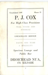 Advertisement "P. J. Cox" Newbridge / Droichead Nua